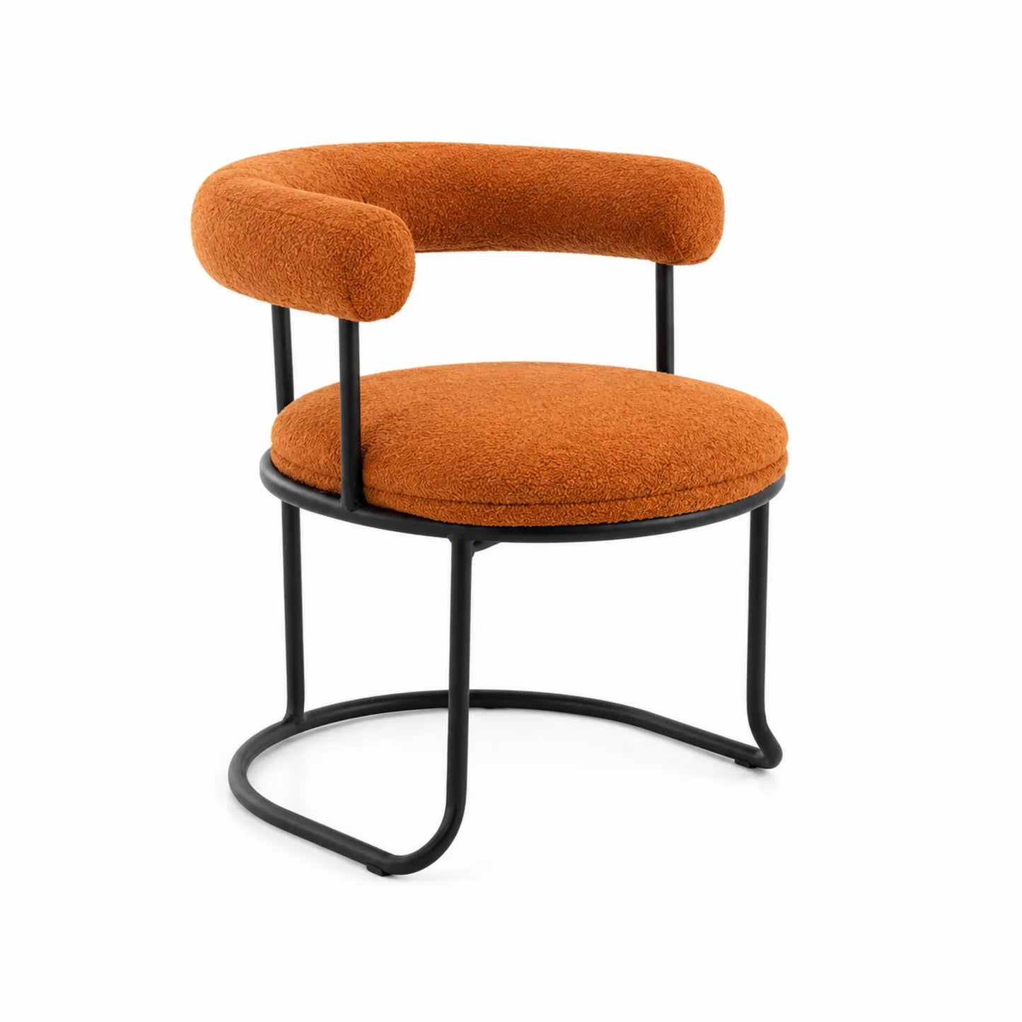 Chaise en tissu bouclé orange avec piétement en métal noir