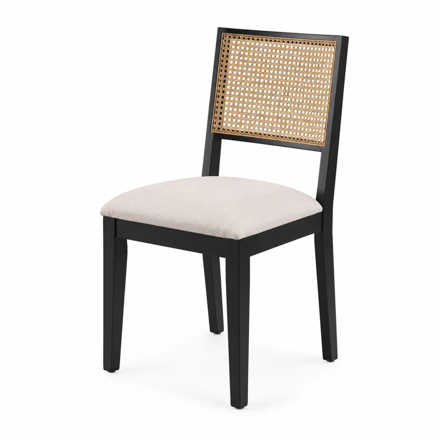 Chaise en bois noir avec dossier en cannage et assise en tissu beige