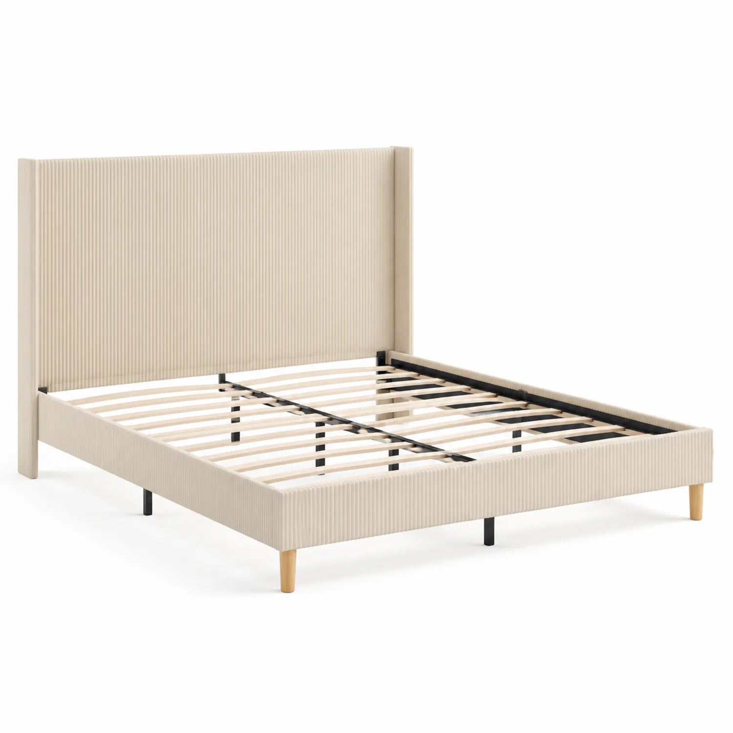 Lit double en bois et métal avec tête de lit rembourrée en tissu polyester beige 140x200 cm