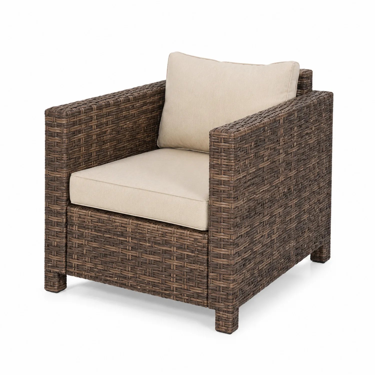 Fauteuil en rotin tressé avec coussins beige