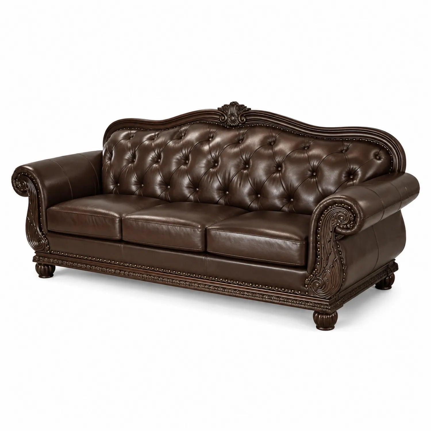 Canapé en Cuir Brun avec Finitions en Bois
