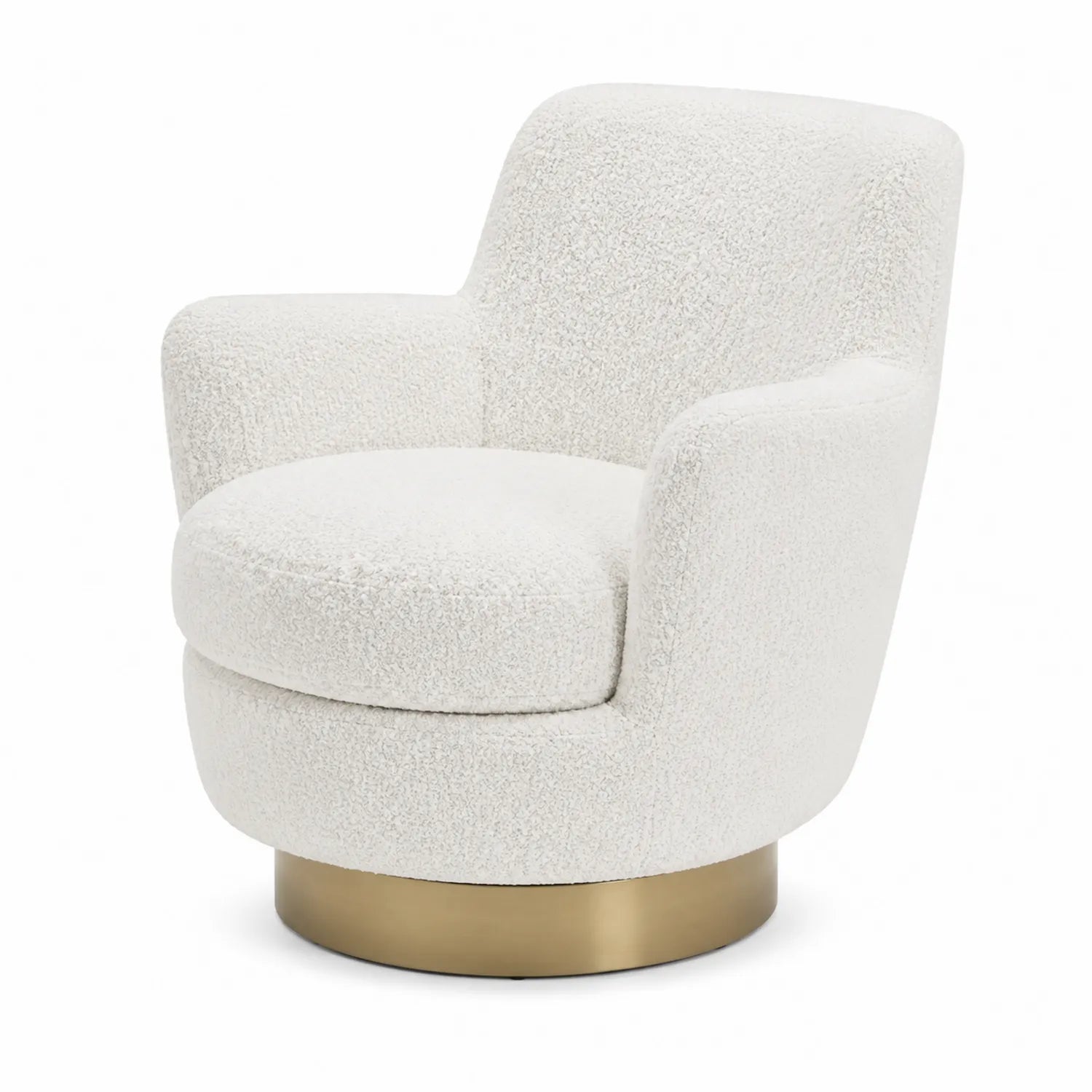 Fauteuil pivotant en tissu bouclé blanc avec base métallique dorée