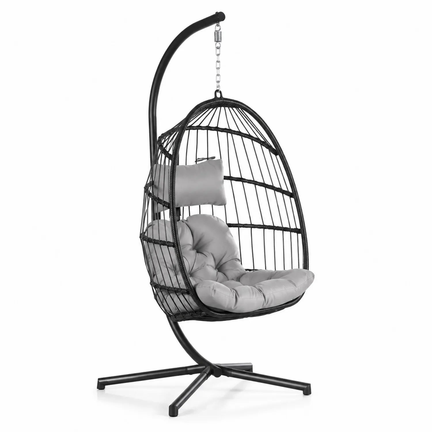Chaise Suspendue en Rotin Noir avec Coussins Gris