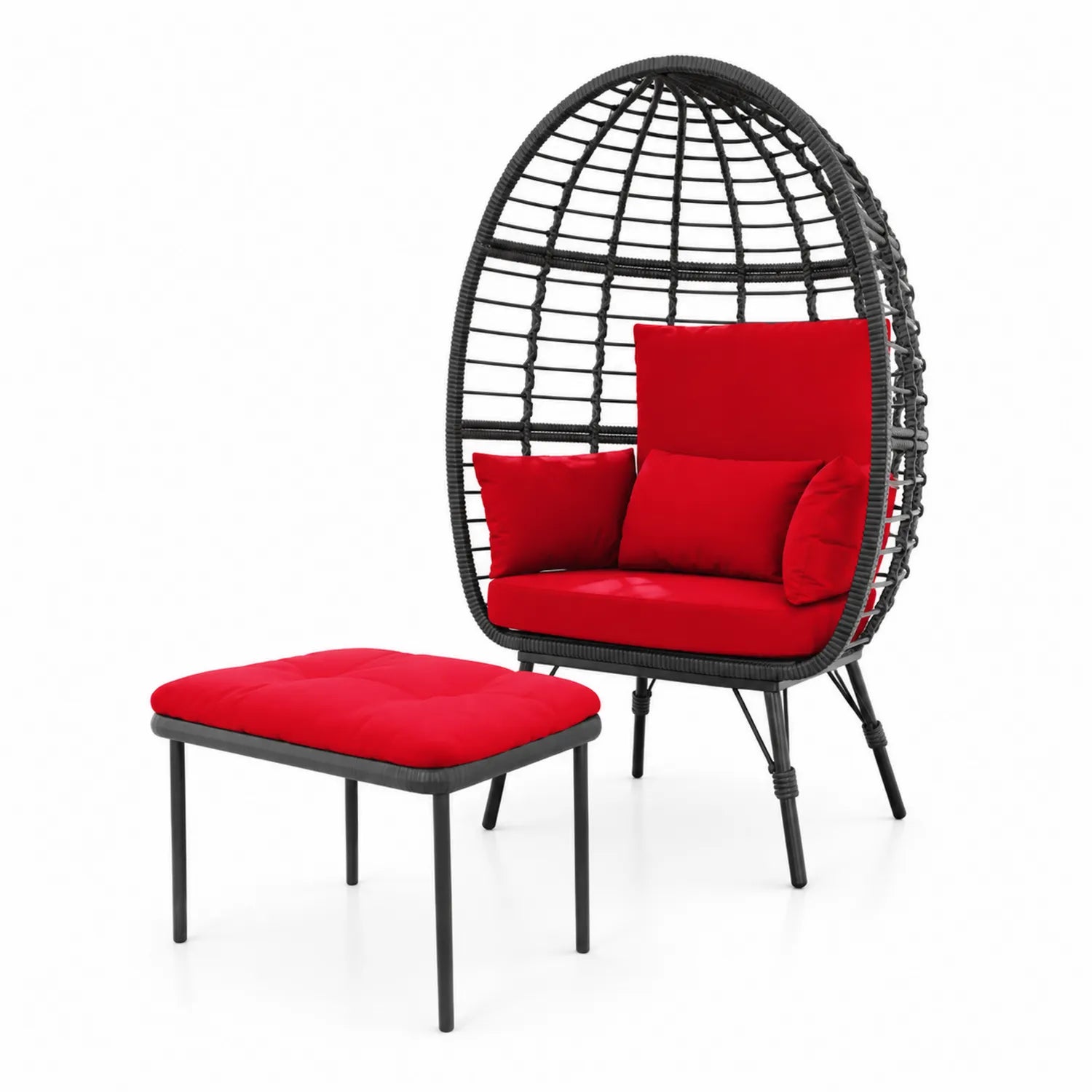 Fauteuil Œuf Rotin et Métal avec Repose-pieds et Coussins Rouge