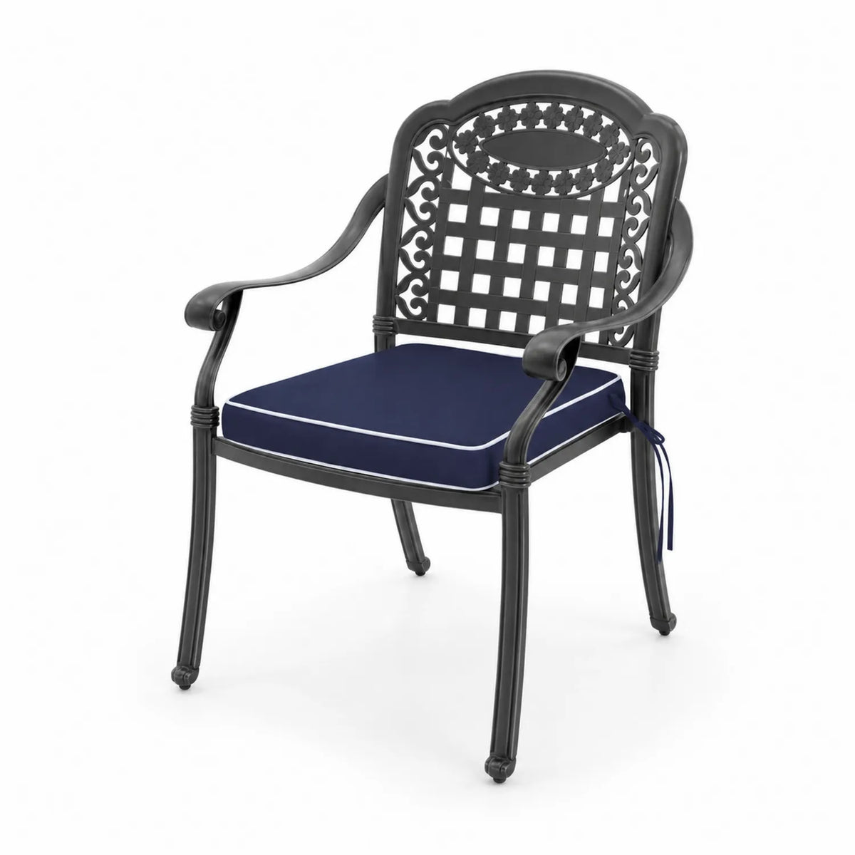 Chaise de jardin en métal noir avec coussin bleu