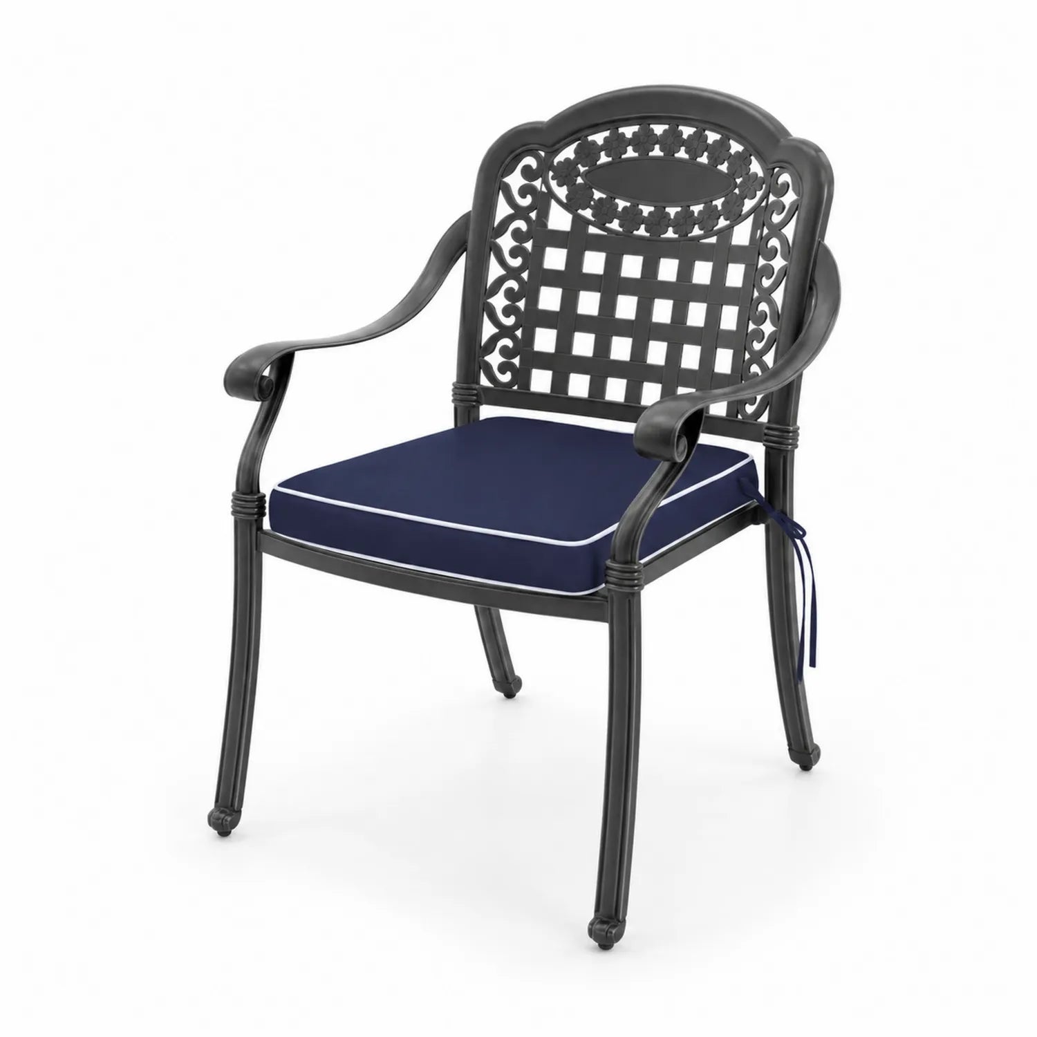 Chaise de jardin en métal noir avec coussin bleu